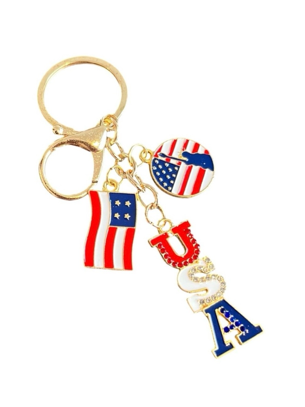 USA Flag Keychain Rhinestone Patriotic America Bag Charm Key Ring Red White Blue - Picture 5 of 5
